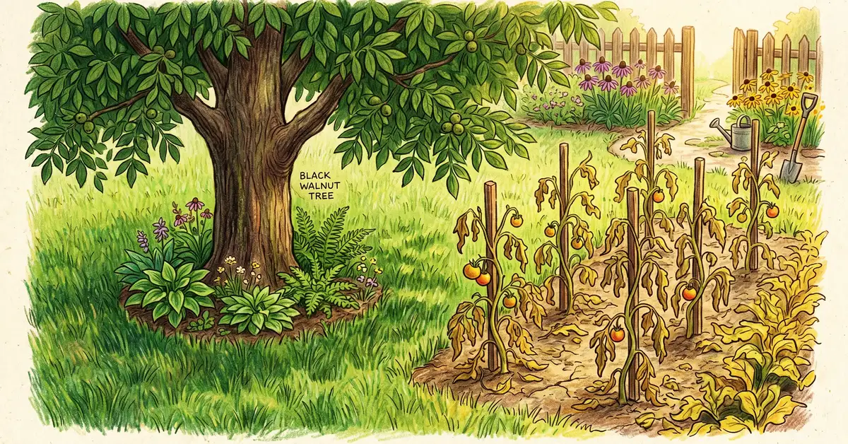 Backyard garden scene showing a large black walnut tree with healthy lawn beneath it on one side and wilted tomato plants on the other side demonstrating juglone allelopathy