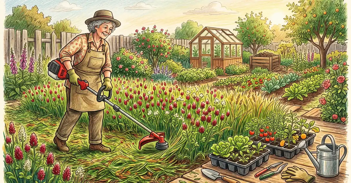Pencil-crayon illustration of a backyard gardener mowing down a flowering crimson clover and rye cover crop with a string trimmer leaving residue as green mulch