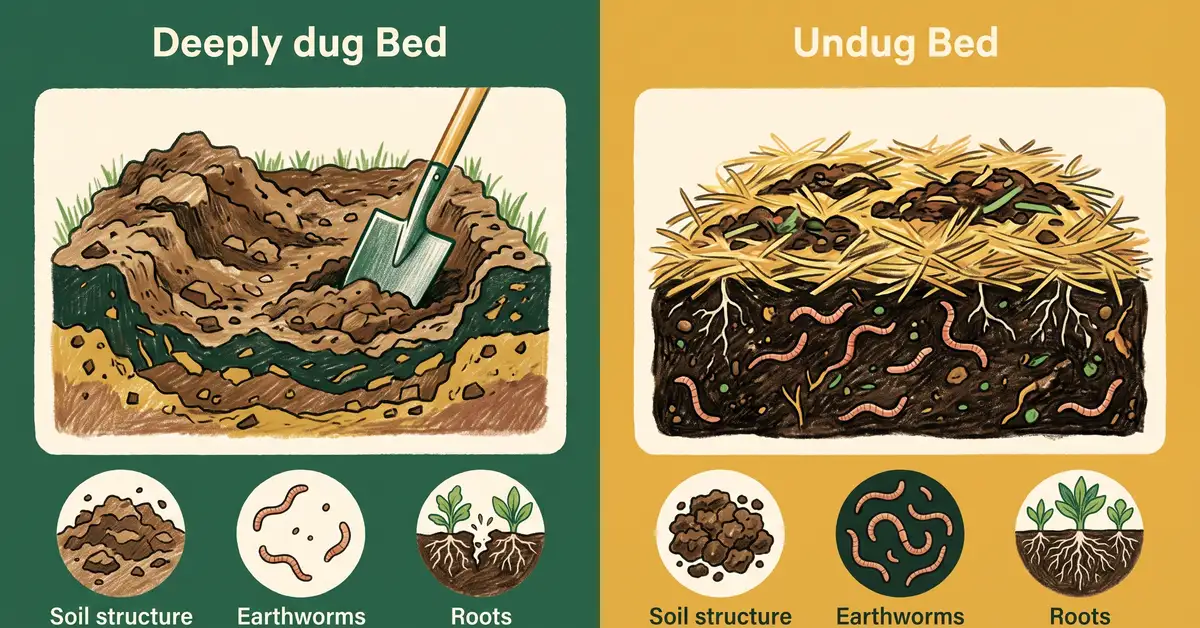 Comparison infographic showing a deeply dug garden bed on one side and an undug mulched bed with intact soil life on the other