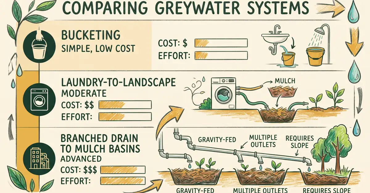 Infographic comparing three greywater systems: bucketing, laundry-to-landscape, and branched drain to mulch basins by cost and effort
