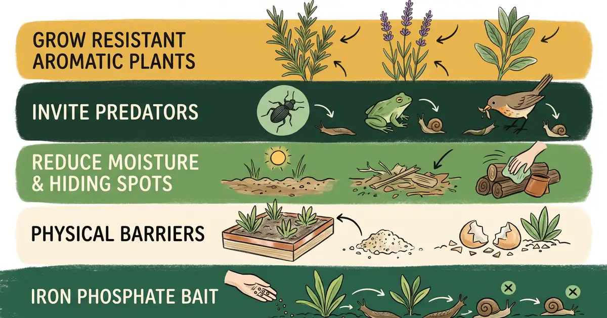 Infographic of a layered slug and snail defense showing resistant plants, predators, moisture reduction, barriers, and iron phosphate bait
