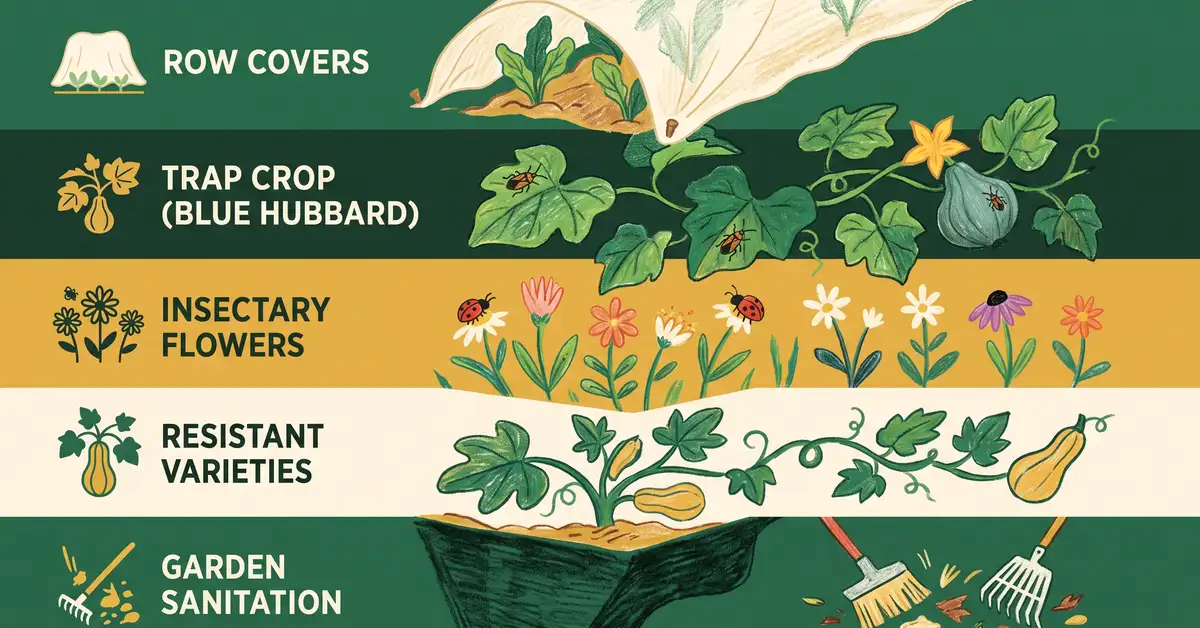 Infographic of a layered squash bug defense showing row covers, trap crop, insectary flowers, resistant varieties, and sanitation