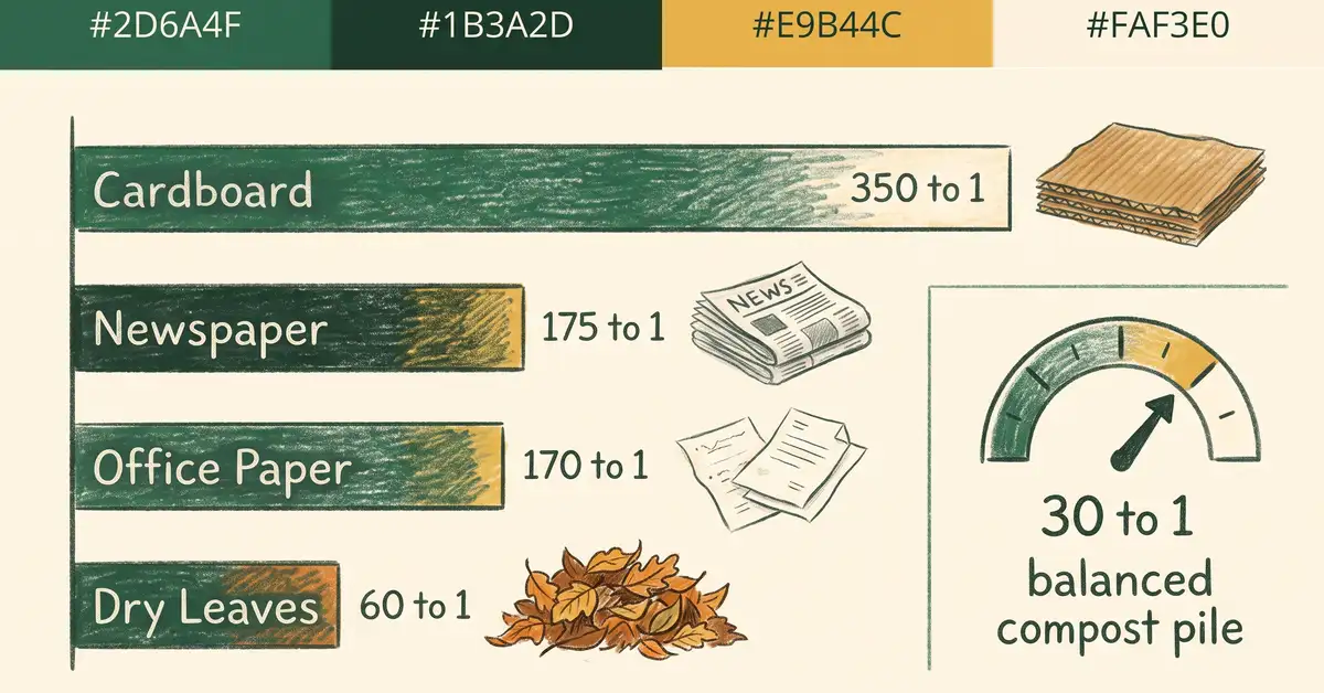 Infographic comparing carbon-to-nitrogen ratios of cardboard, newspaper, office paper, and dry leaves against the ideal 30 to 1 compost target
