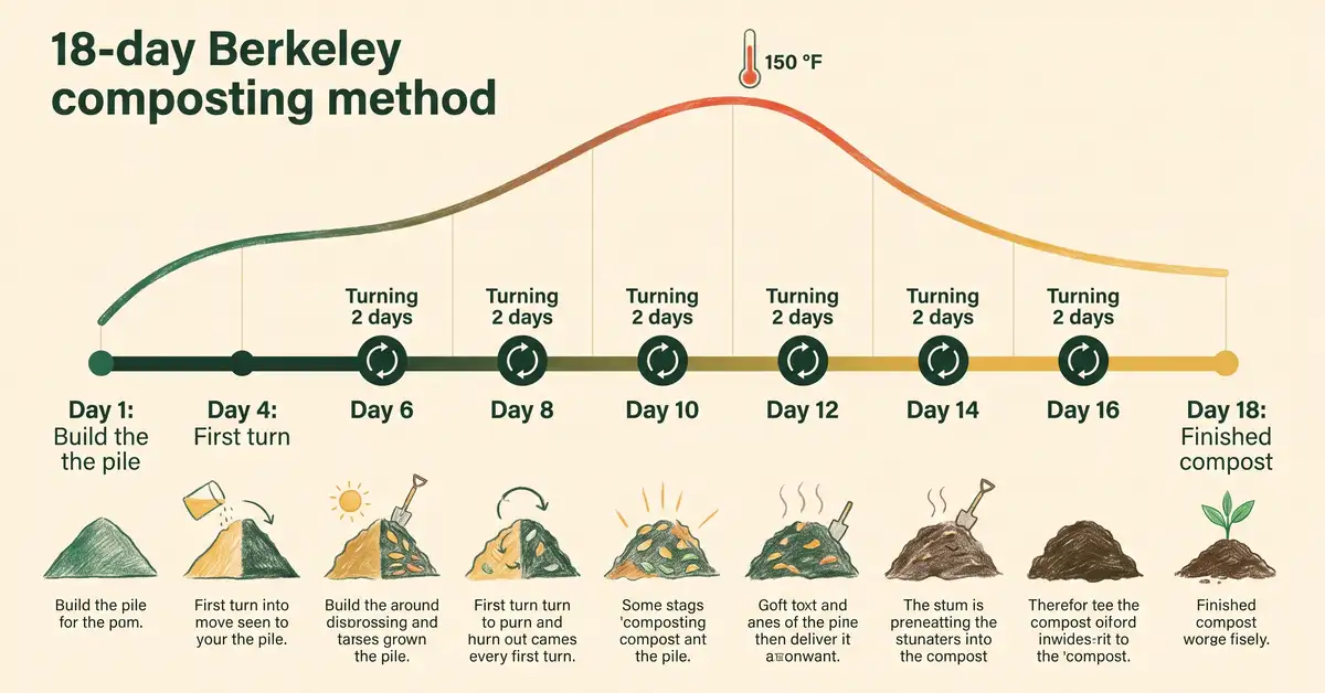 Infographic timeline of the 18-day Berkeley composting method showing build on day 1, first turn day 4, turning every 2 days, and a temperature curve peaking mid-cycle