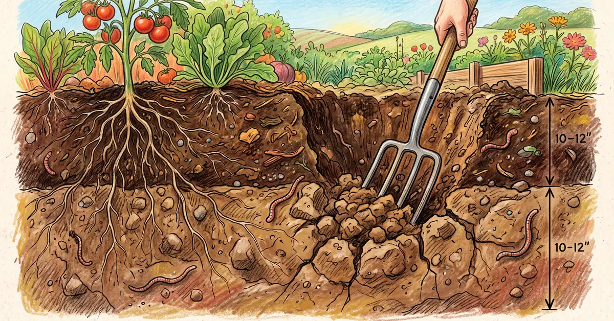 Cross-section illustration of a double-dug garden bed showing the loosened topsoil layer and forked subsoil reaching about 24 inches deep with plant roots