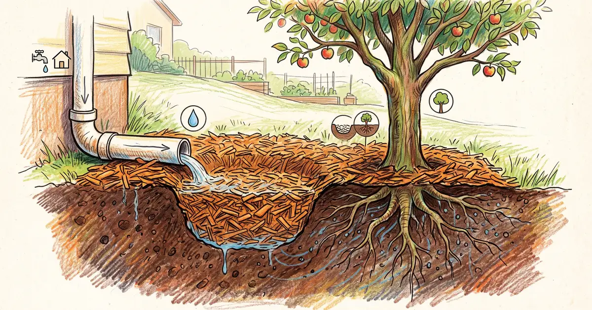 Cutaway illustration of a greywater mulch basin at the base of a fruit tree with a pipe delivering water below a thick wood chip mulch layer