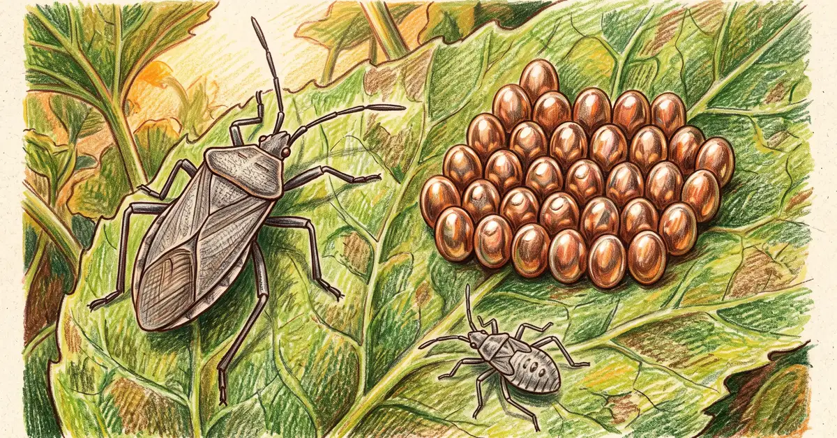 Identification illustration of a gray-brown adult squash bug, a cluster of bronze-copper eggs on a leaf underside, and a gray nymph