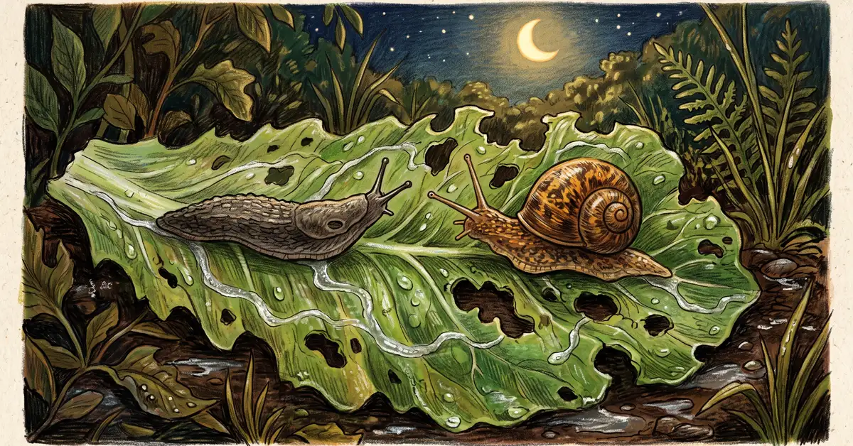 Close-up of a garden slug and a brown garden snail on a chewed lettuce leaf at night with a silvery slime trail