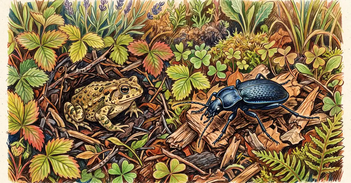 A beneficial ground beetle and a small toad among garden mulch, natural predators of slugs and snails