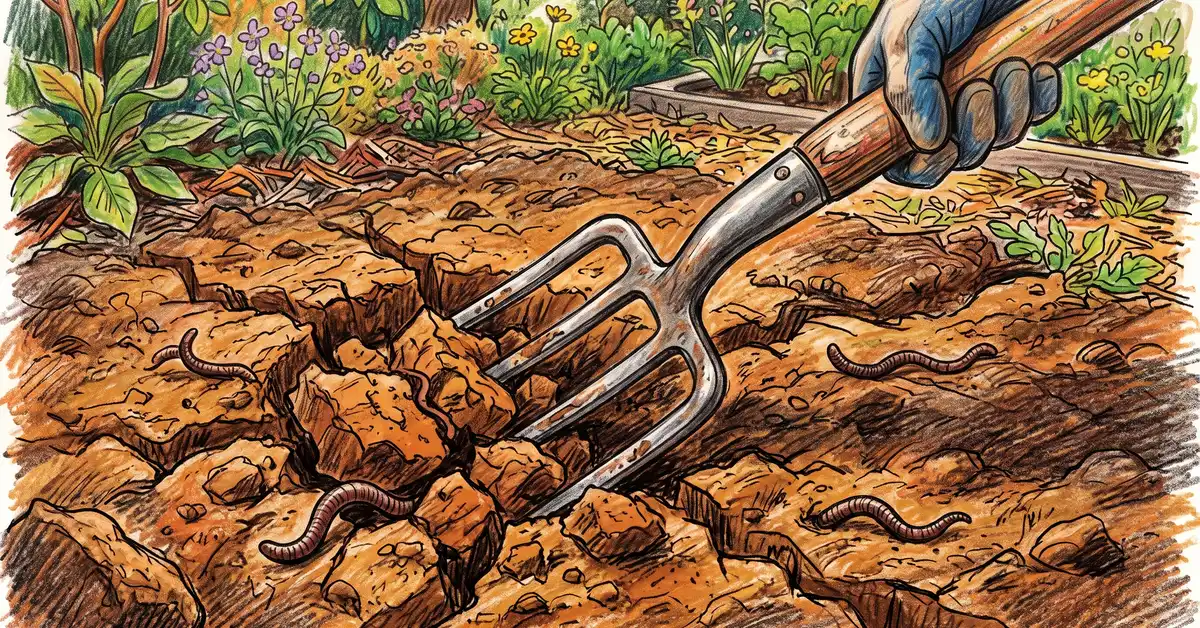 A garden fork pushed deep into compacted clay soil to break it up and improve drainage and aeration with earthworms visible