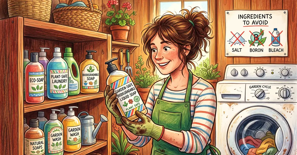 A gardener choosing plant-safe biodegradable liquid soap next to a laundry machine with eco-friendly product bottles