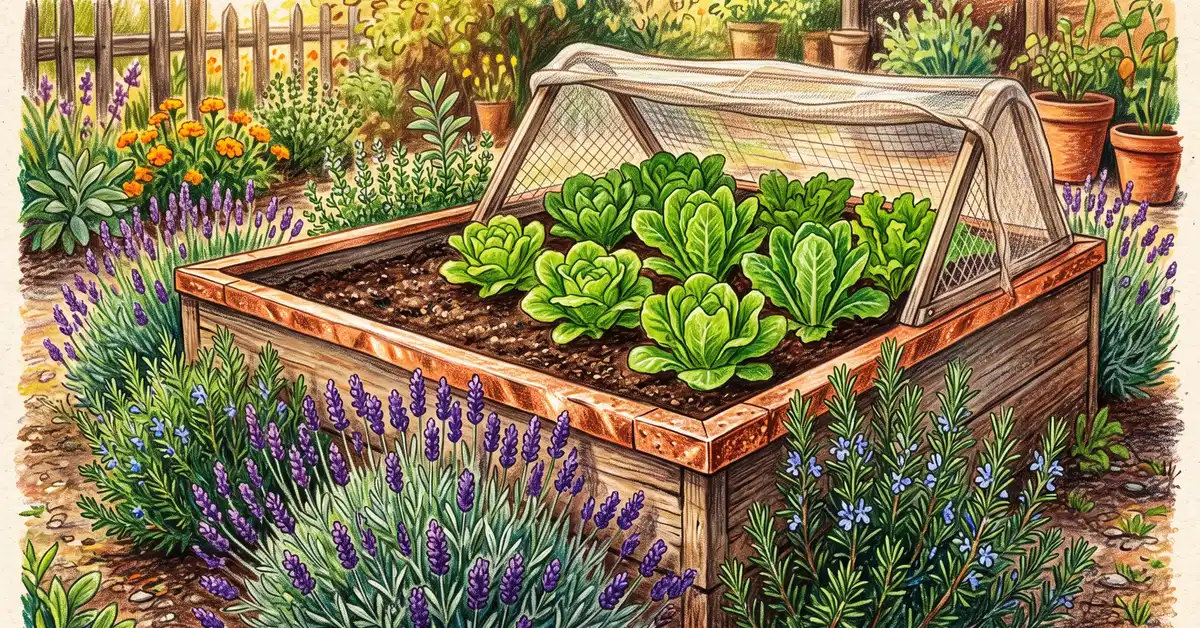 A raised garden bed edged with copper tape and bordered by lavender and rosemary protecting lettuce inside
