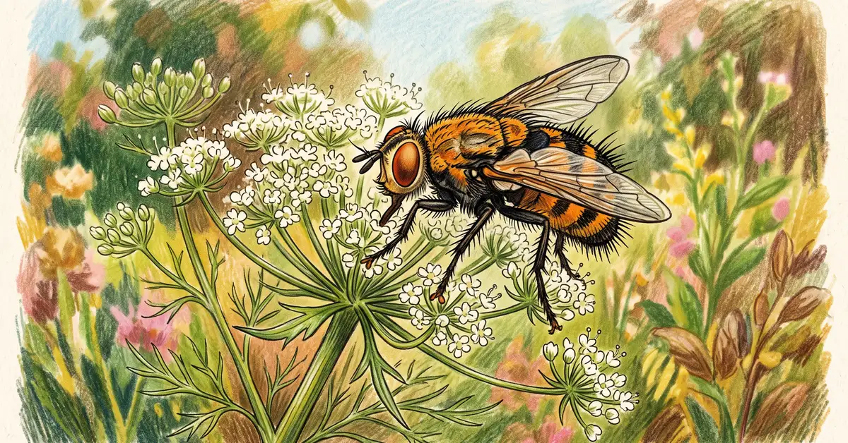 A beneficial tachinid fly resting on a white flowering dill umbel, a natural parasite of squash bugs