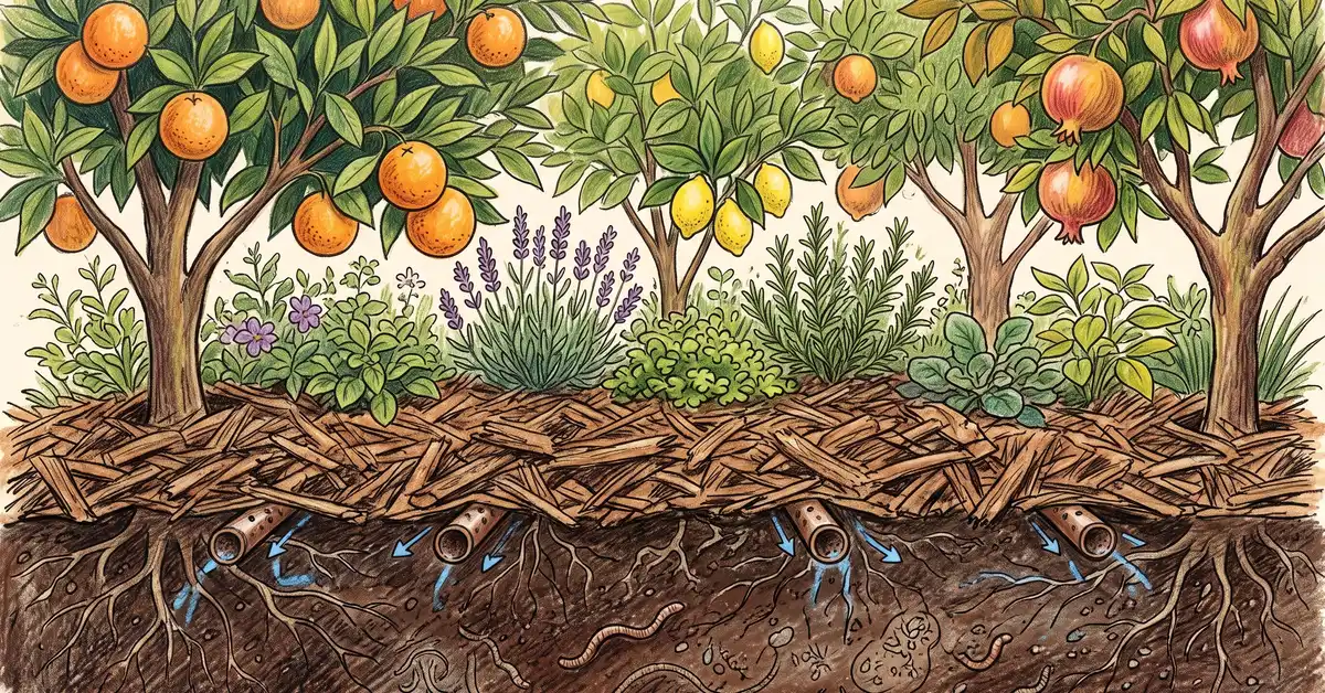A thriving citrus and fruit tree guild irrigated by hidden subsurface greywater under a deep wood chip mulch layer