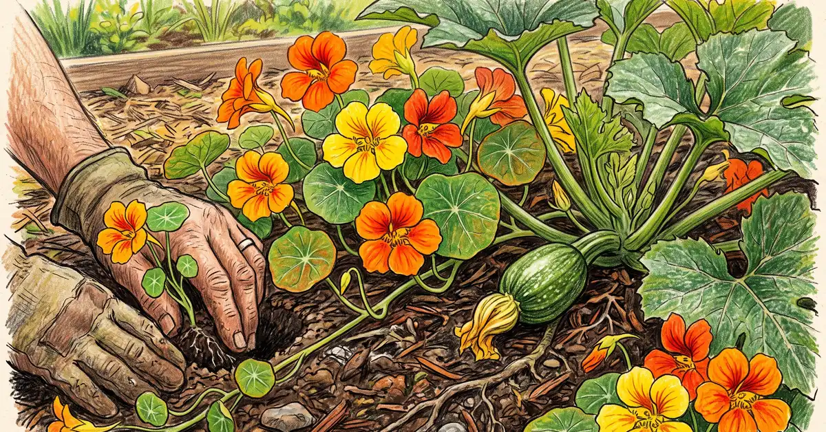 Bright orange and yellow nasturtium flowers growing at the base of a squash plant as a companion planting