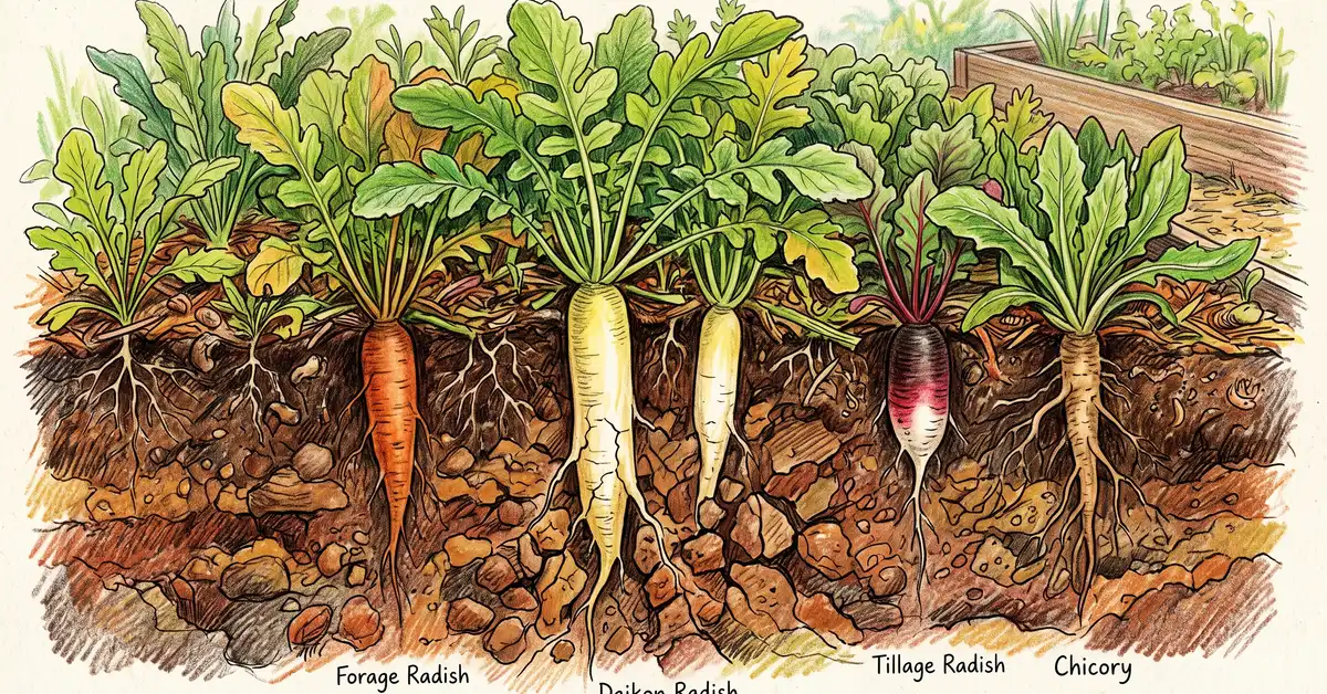 Close-up of daikon radish and deep-taproot cover crops with long roots penetrating and loosening garden soil naturally