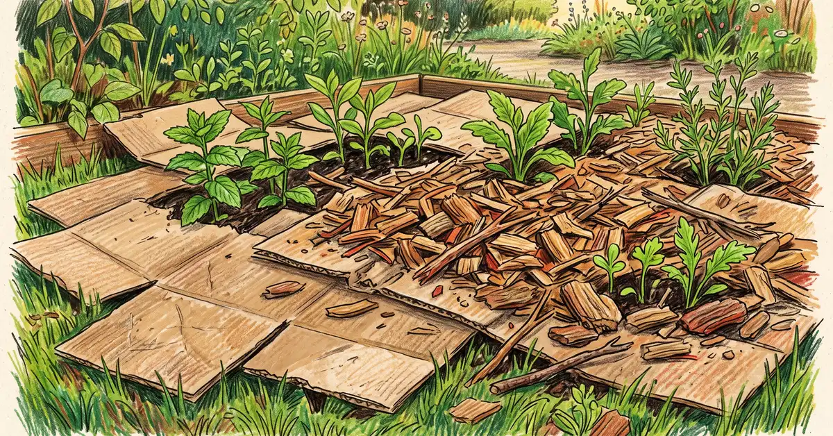 Flattened plain brown cardboard laid over grass as sheet mulch in a garden bed with wood chips spread on top