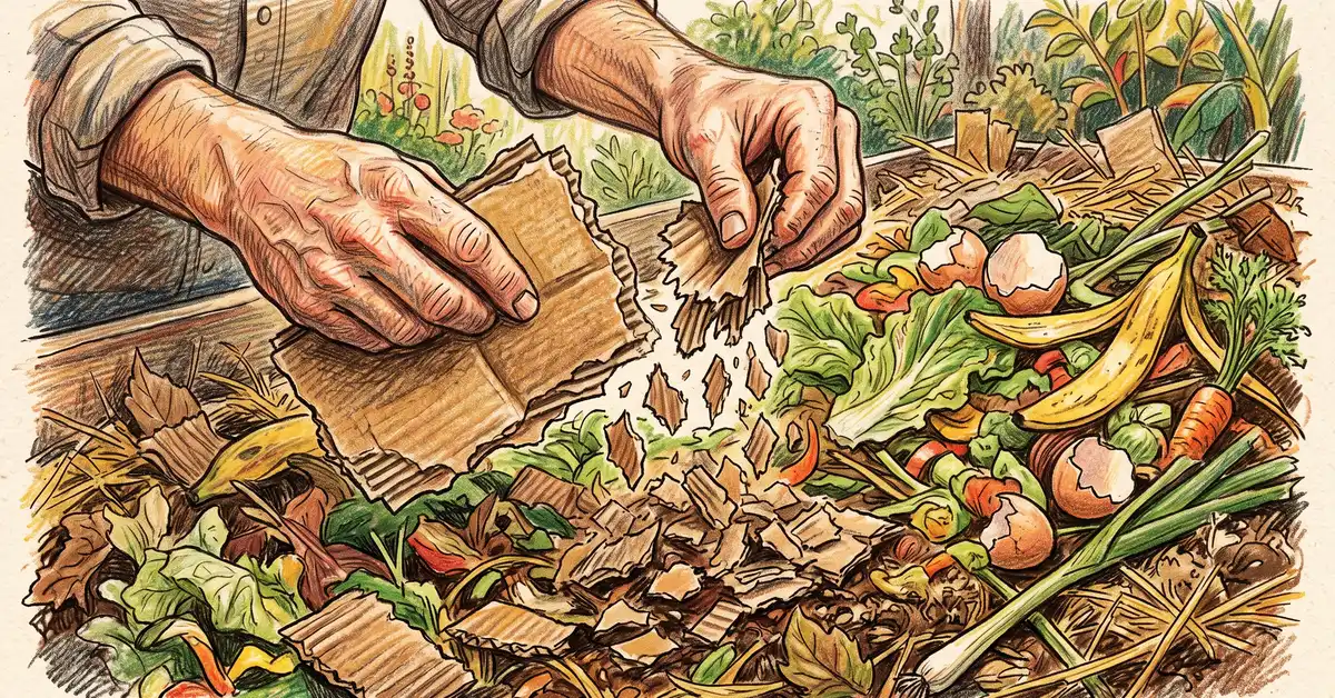 Close-up of hands tearing cardboard into small pieces and layering it with green vegetable scraps in a compost pile