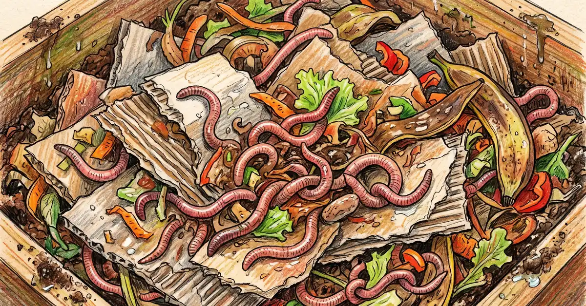 Red wiggler compost worms crawling through moist torn corrugated cardboard bedding in a worm bin with vegetable scraps