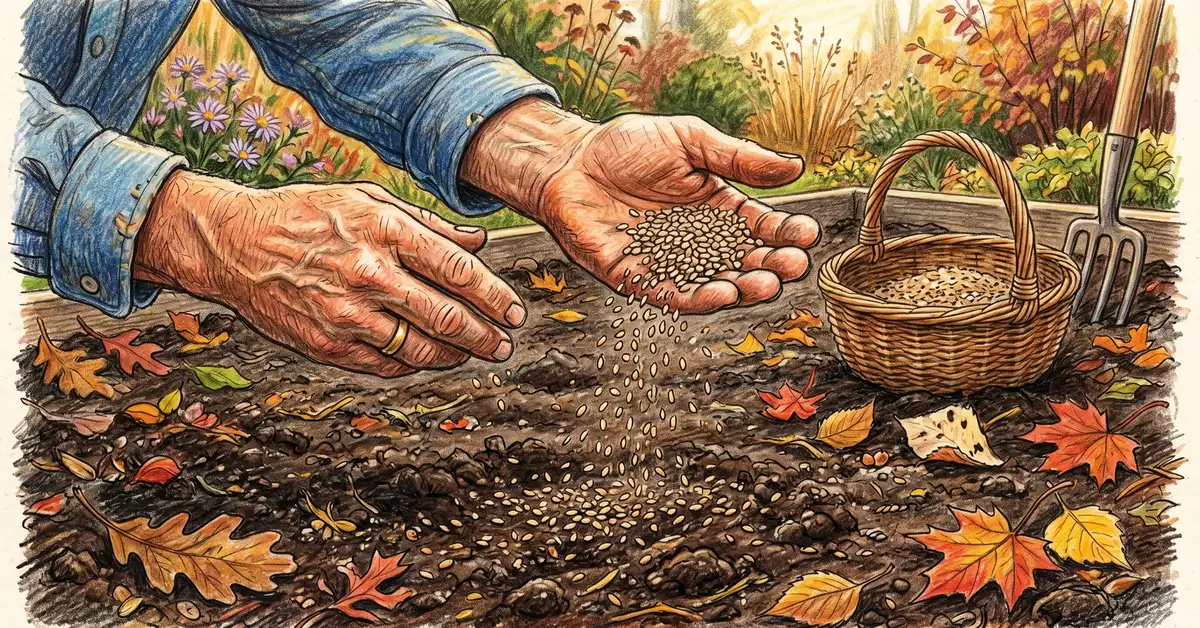 Pencil crayon illustration of a gardener's hands broadcasting cereal rye seed across a prepared garden bed in October