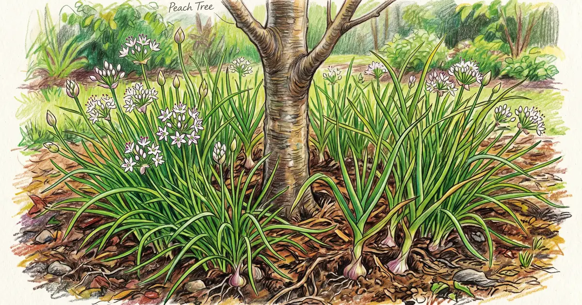 Close-up pencil crayon illustration of garlic and chives planted in a protective ring around the base of a peach tree trunk