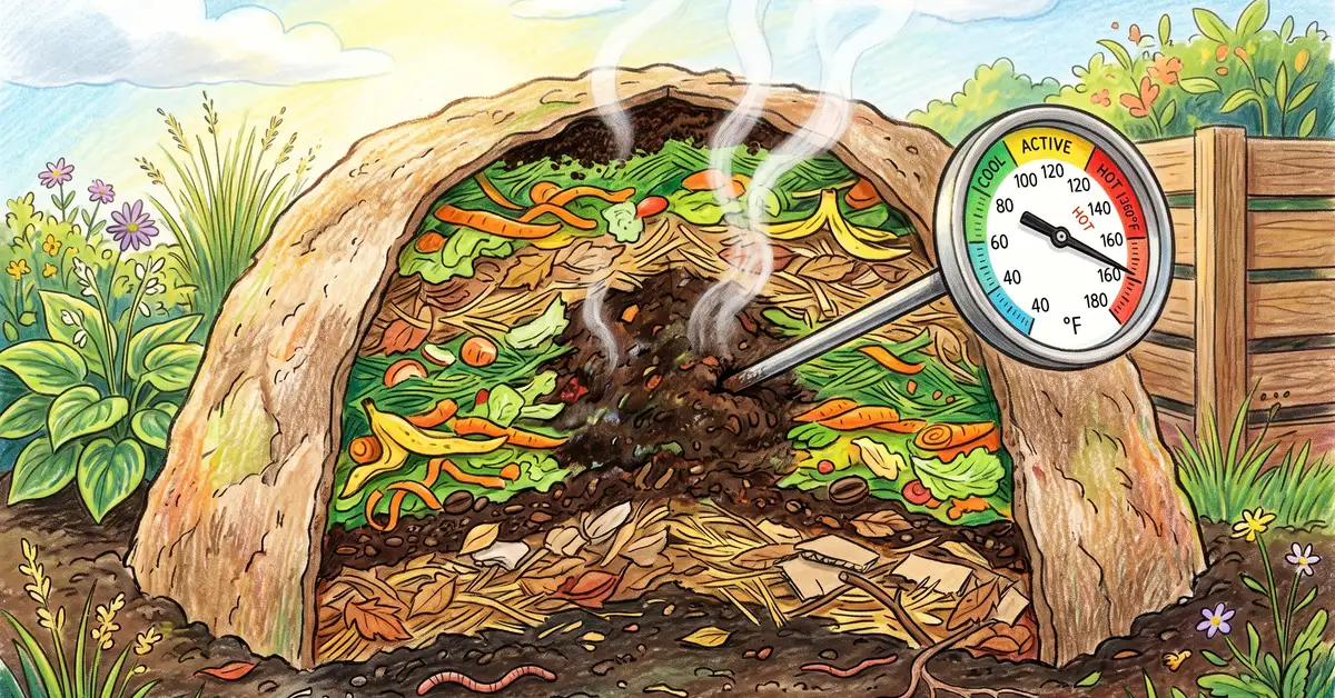 Cutaway illustration of a hot Berkeley method compost pile showing layered greens and browns with a compost thermometer reading in the hot zone