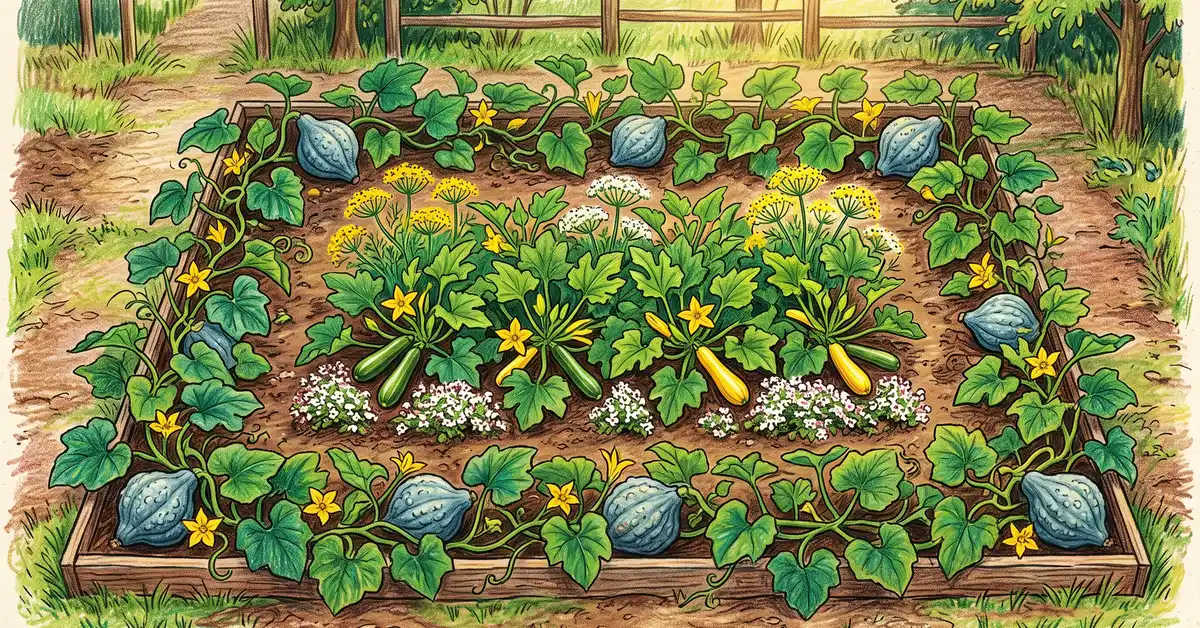 Garden bed layout with a Blue Hubbard squash trap crop around the perimeter protecting the main zucchini crop in the center