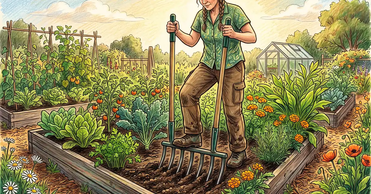 A gardener using a broadfork to loosen garden soil without turning it over, a gentler alternative to double digging in a raised vegetable bed
