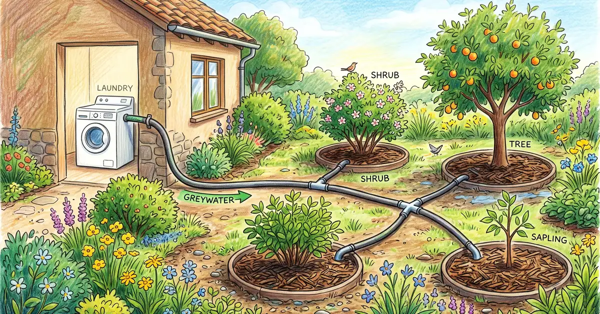 Laundry-to-landscape greywater setup with a washing machine connected by pipe to several mulch basins around shrubs and trees