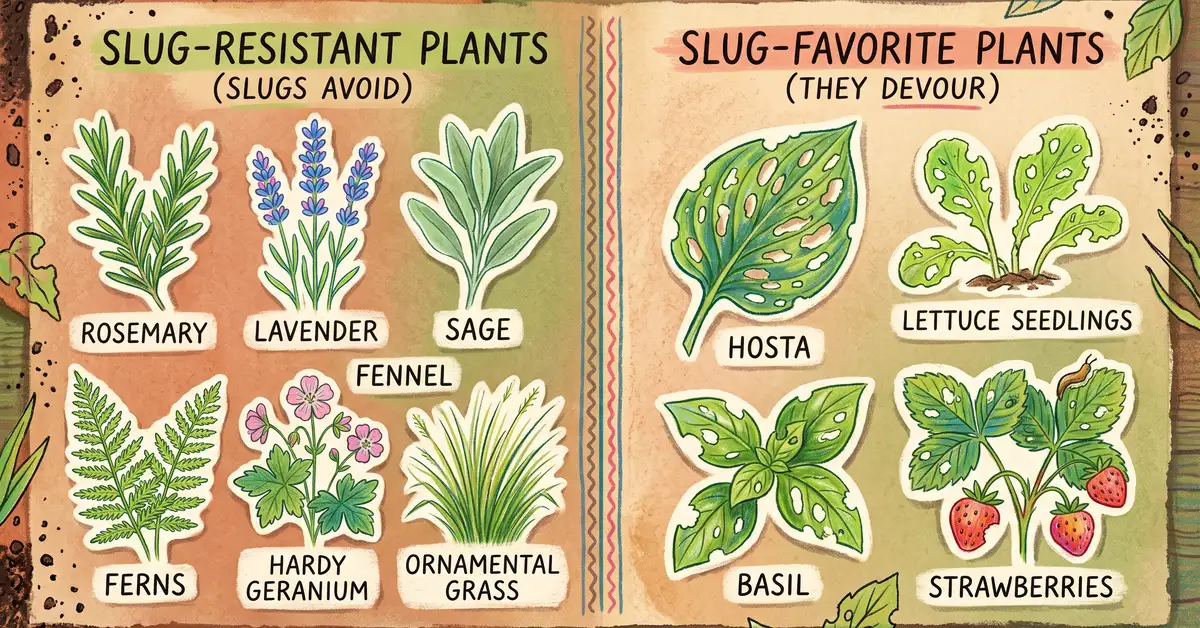 Comparison of slug-resistant plants like rosemary, lavender, ferns, and hardy geranium versus slug favorites like hosta, lettuce, and basil