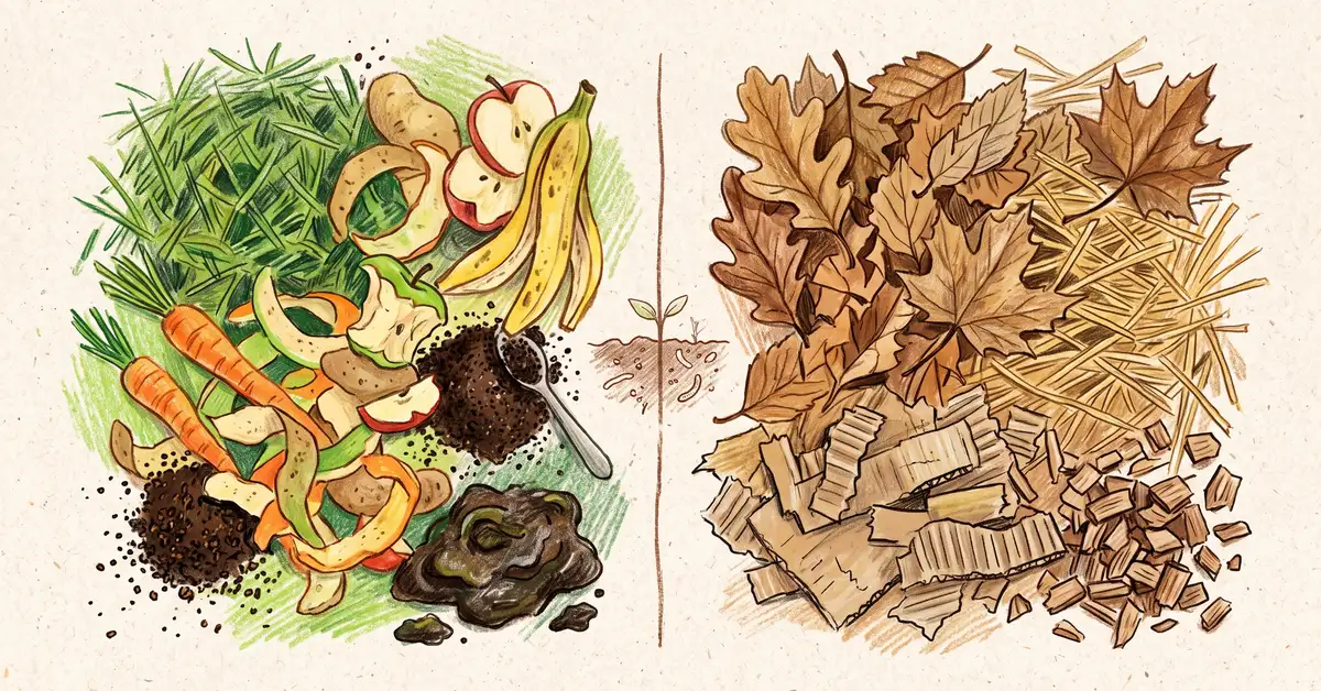 Flat-lay of green nitrogen-rich compost materials like vegetable scraps and grass clippings beside brown carbon-rich leaves, straw, and cardboard