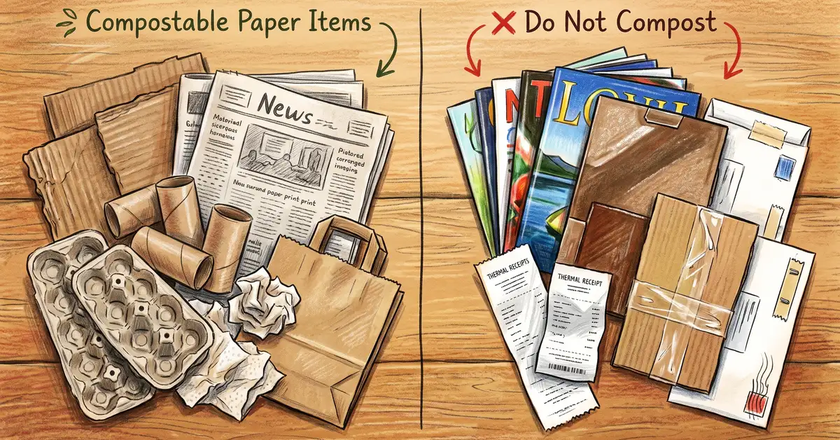 Sorting scene showing compostable paper and cardboard like newspaper, egg cartons, and kraft bags next to items to avoid such as glossy magazine, waxed cardboard, and receipts