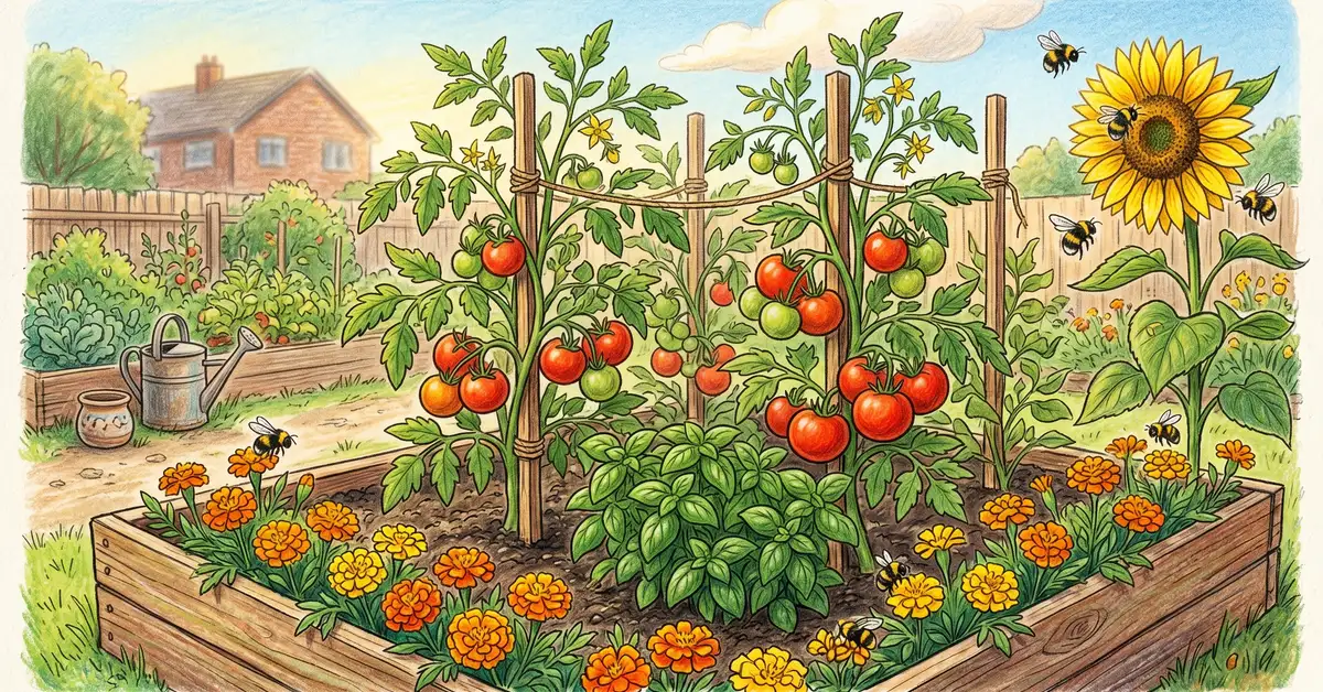 Pencil-crayon backyard raised bed scene showing classic companion planting tomato plants with basil at their base, marigolds along the edge, and a tall sunflower at one corner with bees visiting the flowers