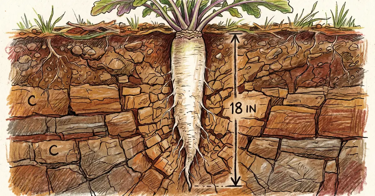 Cross-section pencil crayon illustration of a tillage daikon radish with a long white tapered root drilling 18 inches deep into compacted soil