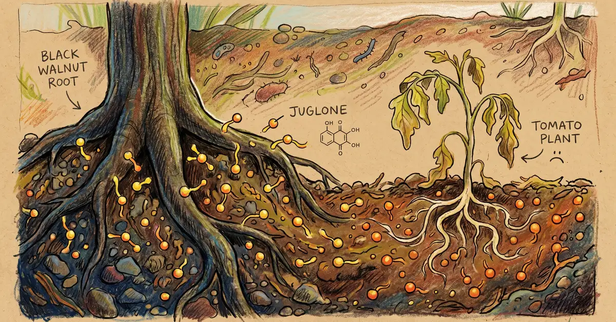 Pencil-crayon close-up cross-section of a black walnut tree root system showing juglone molecules releasing into the surrounding soil with a wilting tomato plant nearby