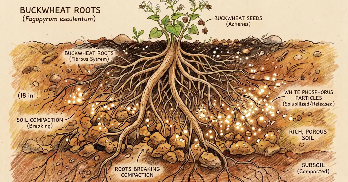 Pencil-crayon close-up cross-section of buckwheat roots breaking up surface soil compaction with phosphorus particles being released