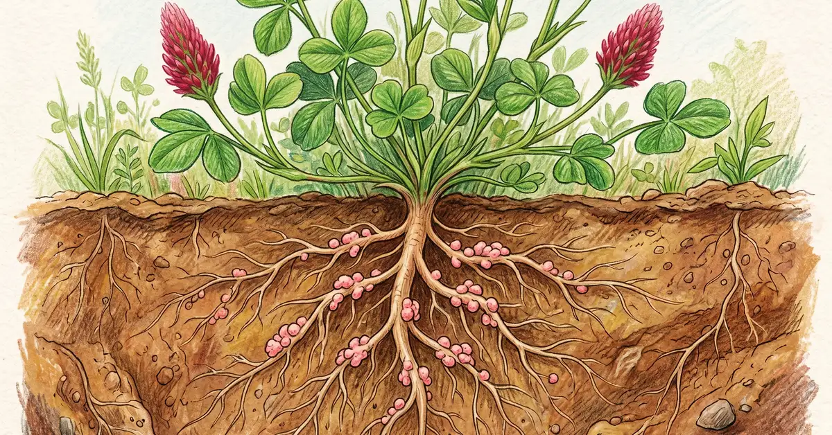 Pencil-crayon close-up cross-section of crimson clover roots showing pink nitrogen-fixing nodules where Rhizobium bacteria live