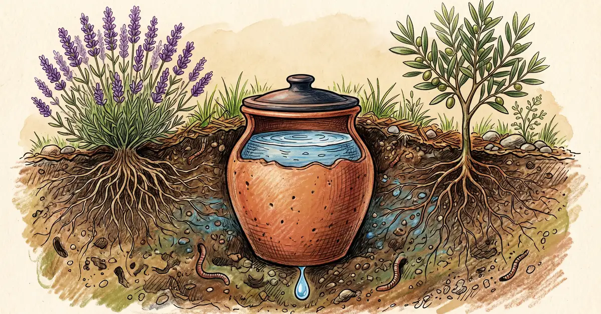 Cross-section pencil crayon illustration of a clay olla pot buried in soil slowly releasing water to olive seedling and lavender root zones
