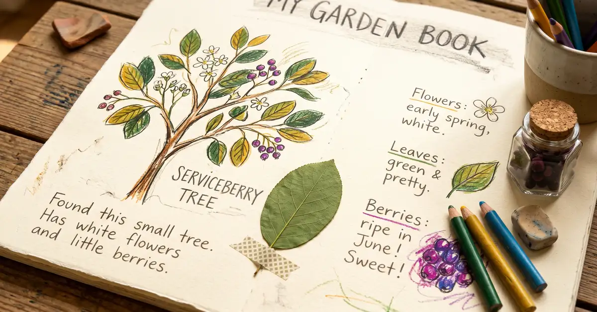 A close-up of a child's school garden journal with hand-drawn plant sketches and notes about a serviceberry tree