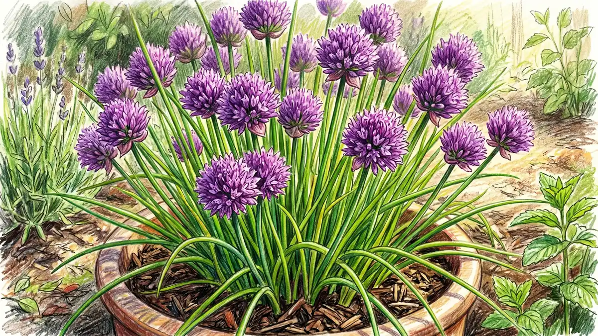 Pencil crayon close-up of a clump of common chives in bloom with purple pompom flower heads and bright green hollow leaves