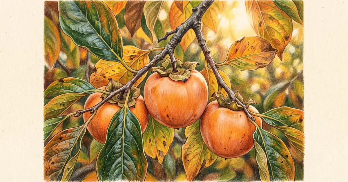 A close-up of three ripe American persimmon fruits on a branch with autumn leaves