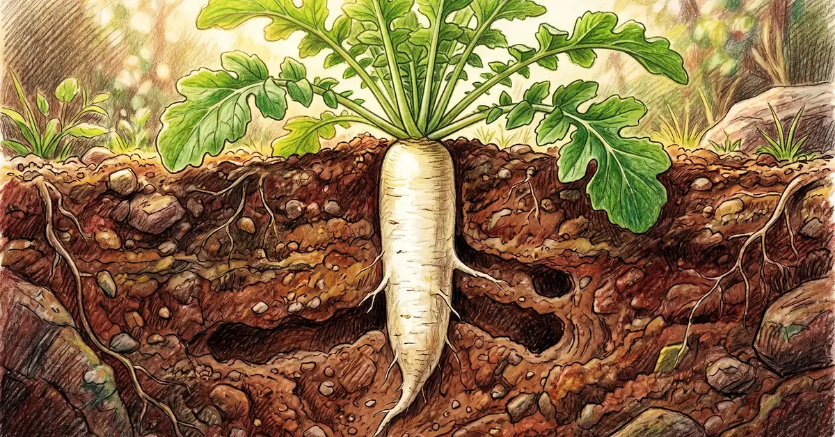 Pencil crayon close-up of a daikon radish with long tap root drilling deep into clay soil