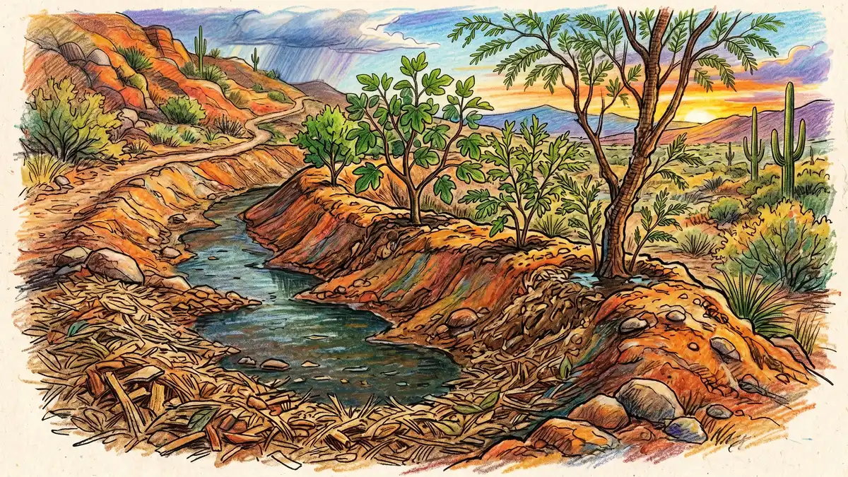 Pencil crayon close-up of a desert swale on contour with a banked berm holding rainwater after a storm, young fig and mesquite trees on the berm