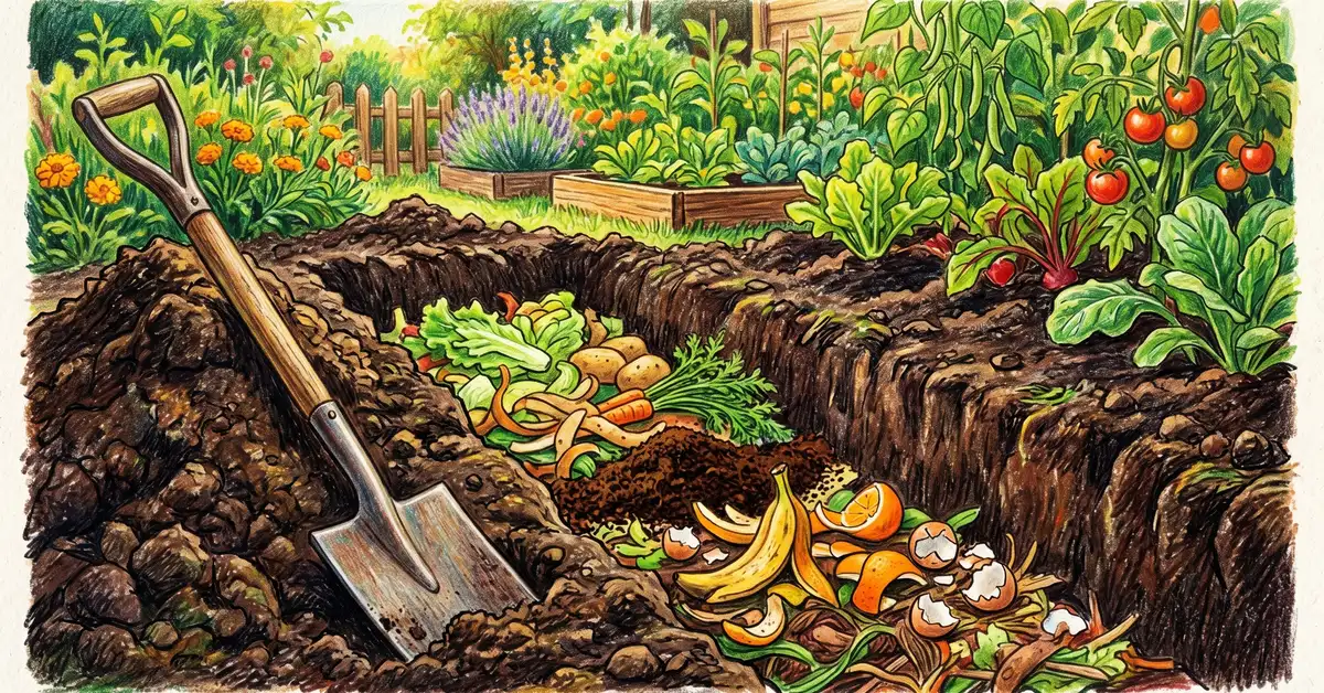 Pencil crayon close-up of a trench filled with kitchen scraps, eggshells, coffee grounds, and fruit peels