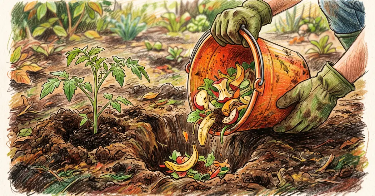 Pencil crayon close-up of a gloved hand tipping kitchen scraps into a posthole trench beside a tomato seedling