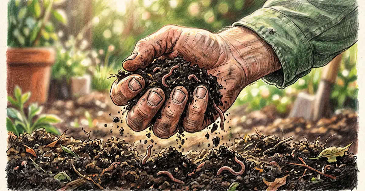 Pencil crayon close-up of a gardener's hand crumbling rich friable dark soil with worms