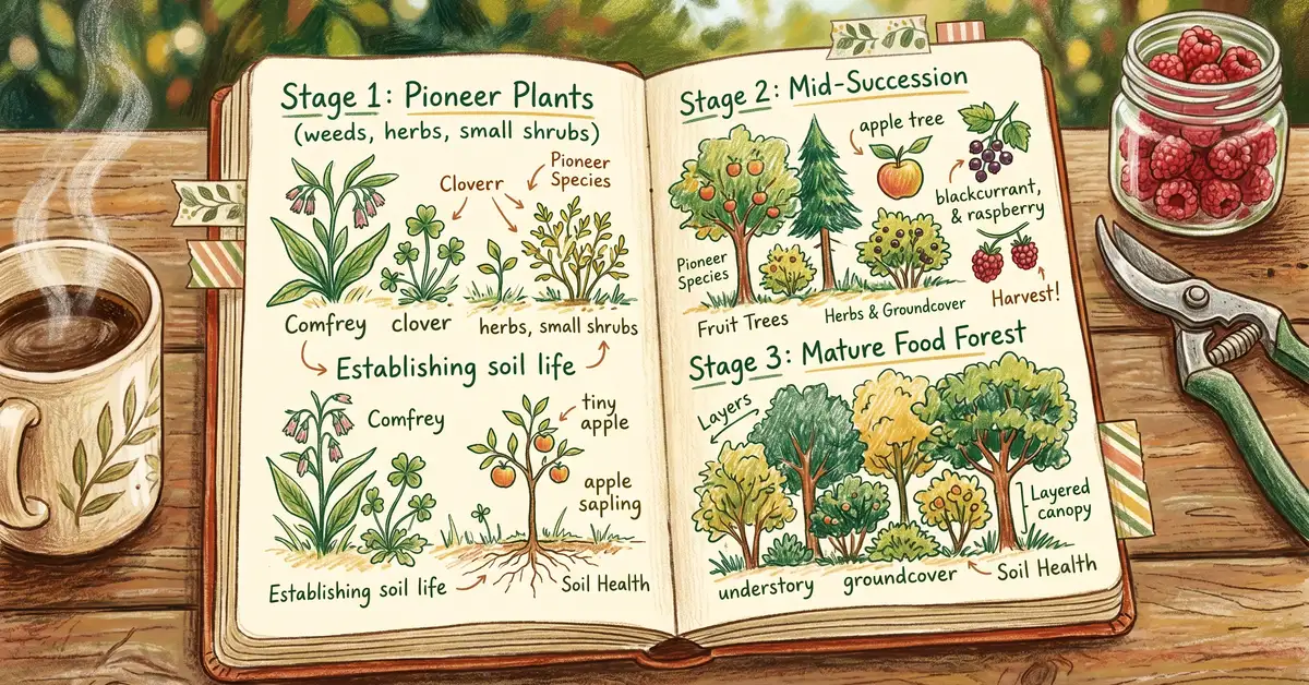 A close-up of a hand-drawn garden journal showing food forest succession sketches with pruning shears and harvested raspberries