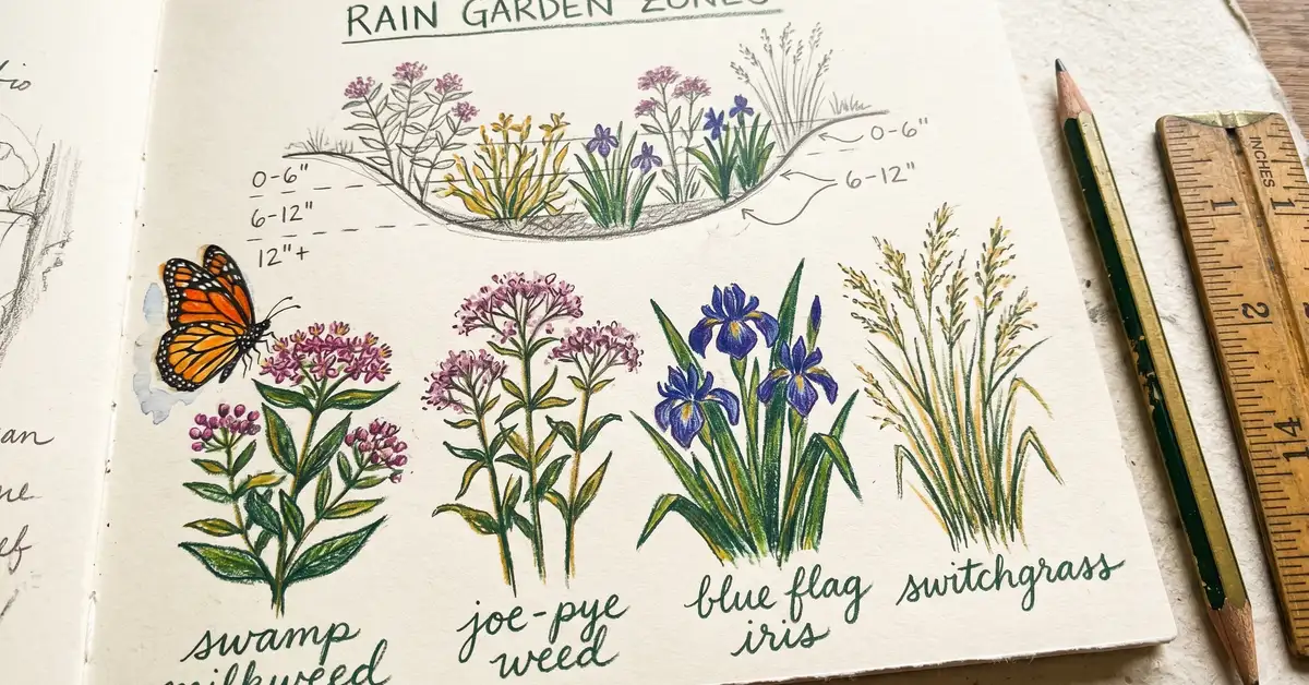 A garden journal page with hand-drawn rain garden plant zone sketches and native species names