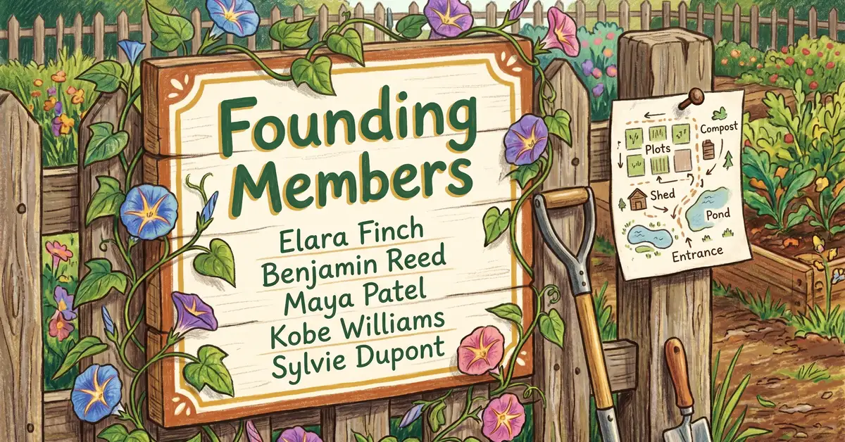 A hand-painted Founding Members sign in a permaculture community project with tools and a hand-drawn site map