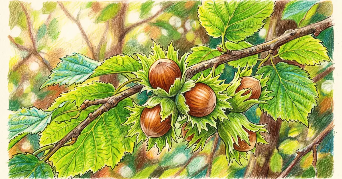 Pencil crayon close-up of a hazelnut branch with green husks splitting open to reveal brown ripening nuts